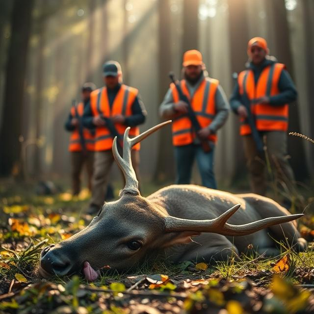 Image générée par IA montrant un cerf mort et des chasseurs